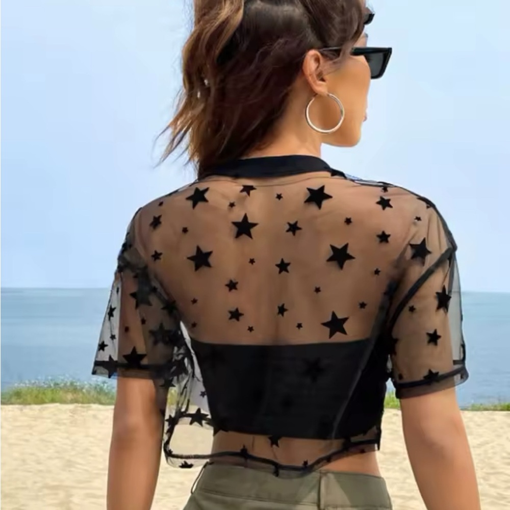 Black Graphic Mesh Crop Top with Short Sleeves 2 for 1 deal $5 - Picture 5 of 8